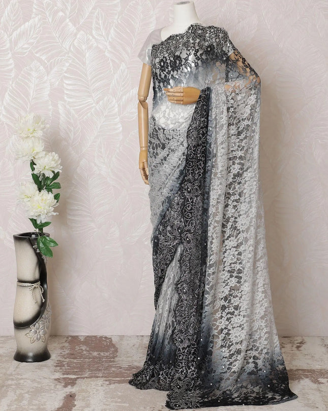 Pearl grey, Black Premium pure French chantilly lace saree having stone work in ombre design-D16117 Regal Fabrics