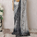 Pearl grey, Black Premium pure French chantilly lace saree having stone work in ombre design-D16117
