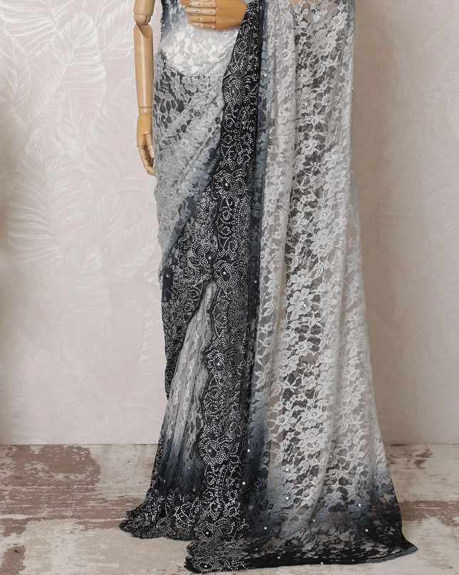Pearl grey, Black Premium pure French chantilly lace saree having stone work in ombre design-D16117 Regal Fabrics