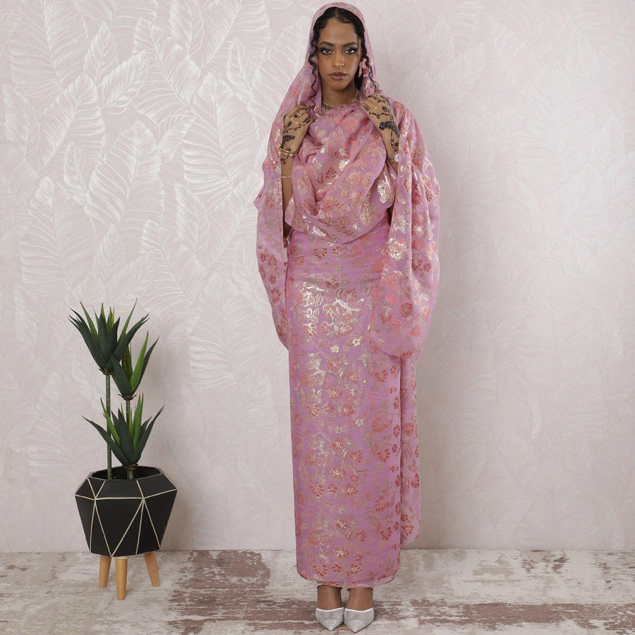 Lavender pink Premium pure silk chiffon thobe with baby pink viscose and gold metallic lurex in floral design-D16196