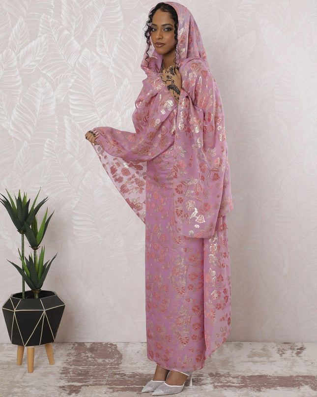 ثوب شيفون من الحرير الخالص الفاخر باللون الوردي الخزامي مع الفيسكوز الوردي الفاتح والوركس المعدني الذهبي بتصميم الأزهار-D16196