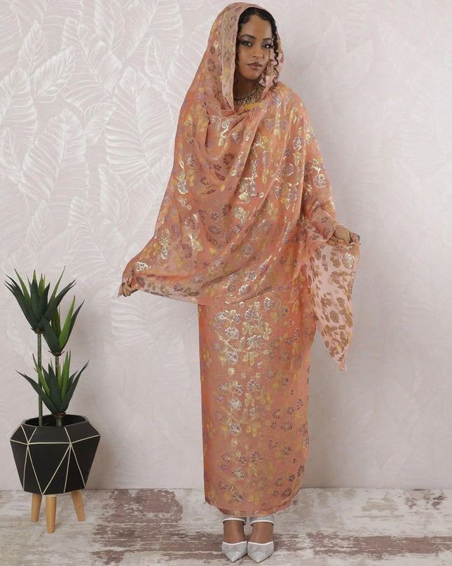 Salmon pink Premium pure silk chiffon thobe with lavender, sage green viscose and gold metallic lurex in floral design-D16197 Regal Fabrics