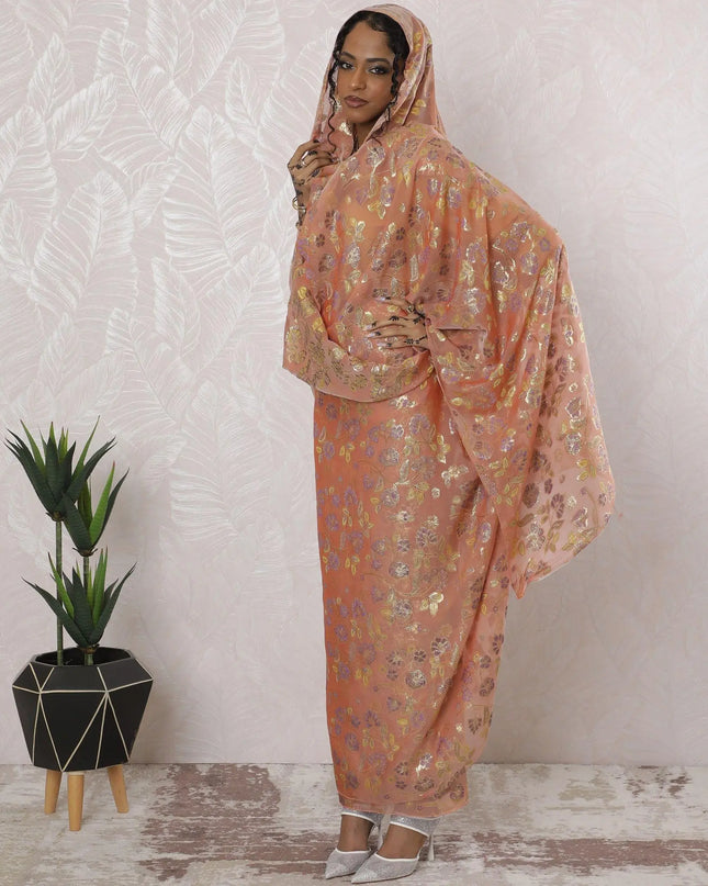 Salmon pink Premium pure silk chiffon thobe with lavender, sage green viscose and gold metallic lurex in floral design-D16197 Regal Fabrics