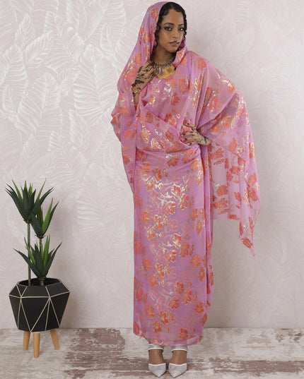 Lavender pink Premium pure silk chiffon thobe with peach viscose and gold metallic lurex in floral design-D16200