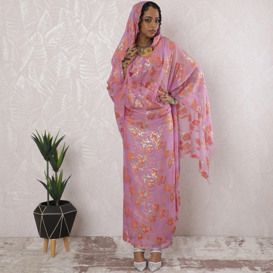 ثوب من الشيفون الحريري الخالص الفاخر باللون الوردي الخزامي مع الفيسكوز الخوخي والوركس المعدني الذهبي بتصميم الأزهار-D16200