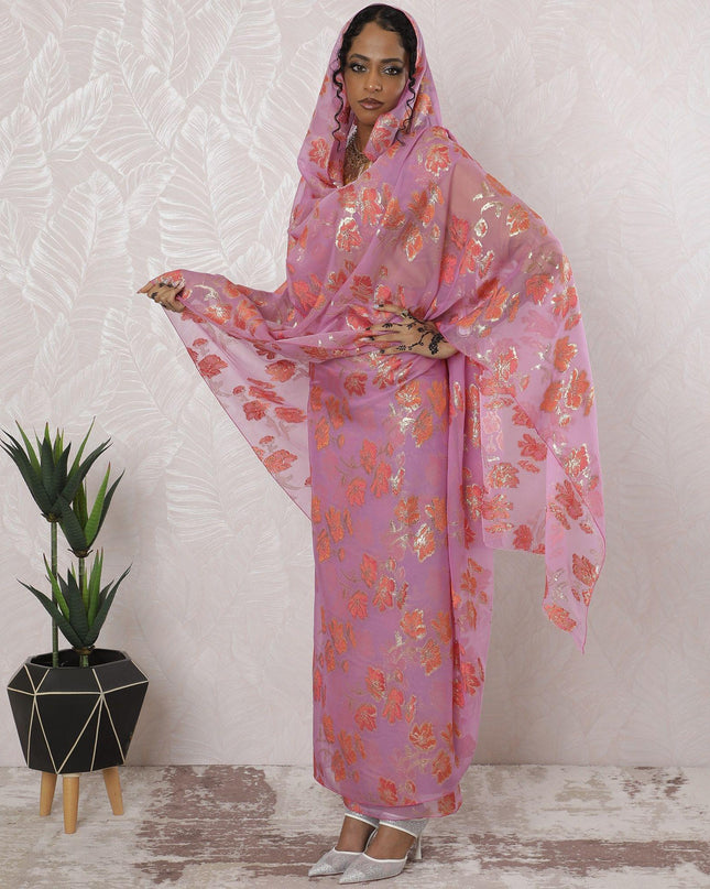 ثوب من الشيفون الحريري الخالص الفاخر باللون الوردي الخزامي مع الفيسكوز الخوخي والوركس المعدني الذهبي بتصميم الأزهار-D16200