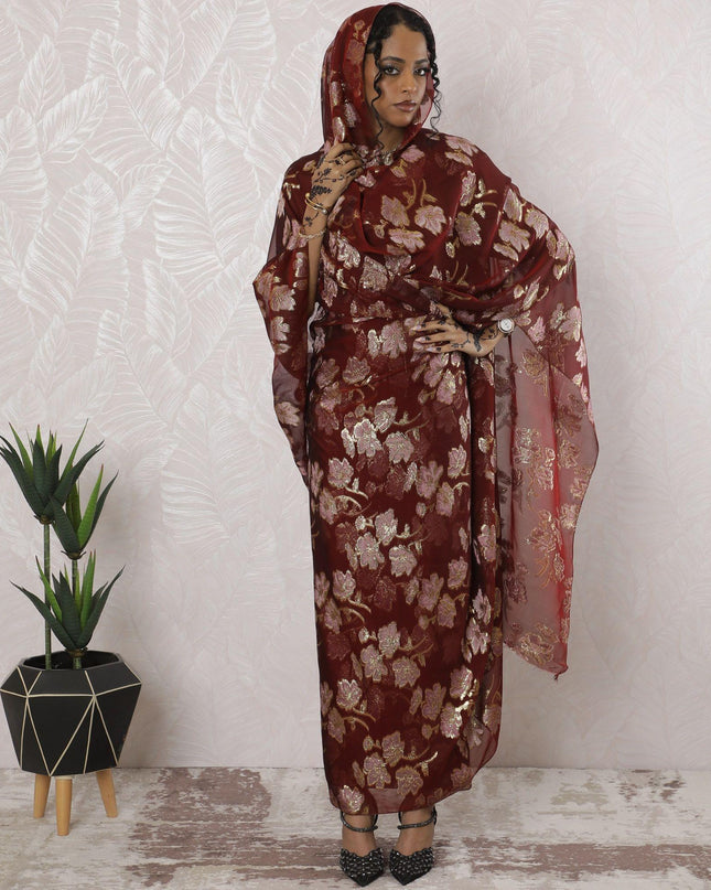 Maroon Premium pure silk chiffon thobe with light pink viscose and gold metallic lurex in floral design-D16201