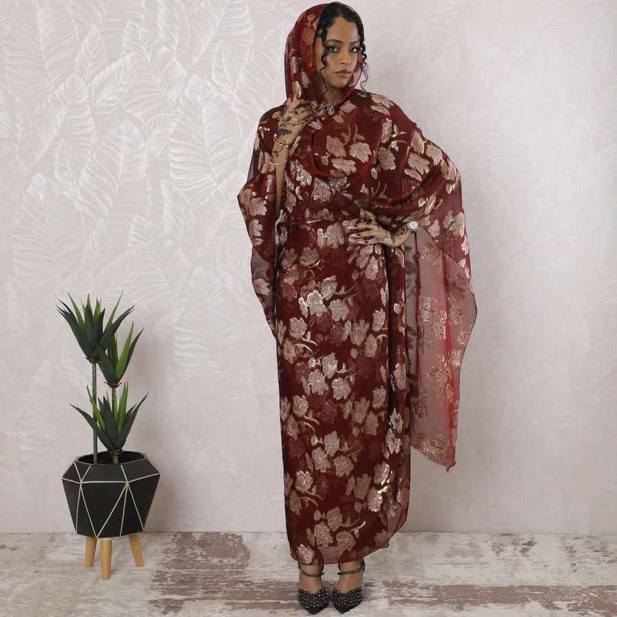 ثوب شيفون من الحرير الخالص المارون مع الفيسكوز الوردي الفاتح والوركس المعدني الذهبي بتصميم الأزهار-D16201