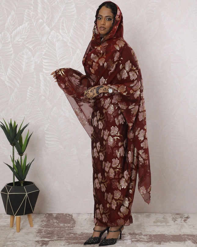 Maroon Premium pure silk chiffon thobe with light pink viscose and gold metallic lurex in floral design-D16201