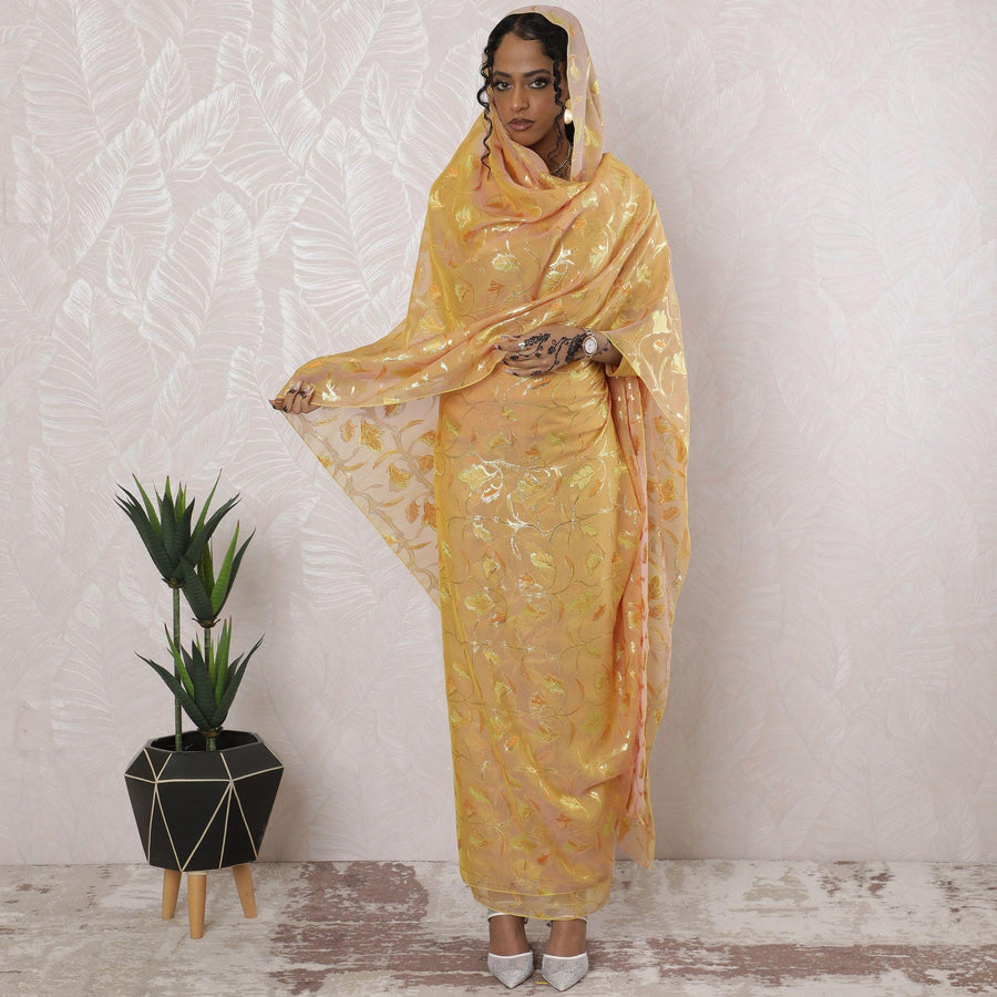 Light mustard Premium pure silk chiffon thobe with sage green ,peach viscose having gold metallic lurex in floral design-D16203