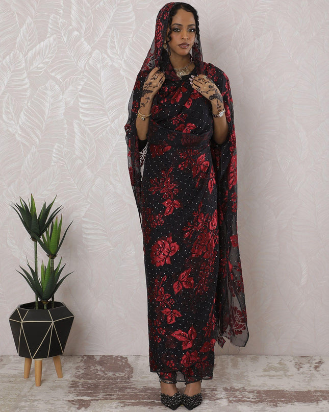 Black premium pure silk chiffon thobe with crimson red jacquard having stone work in floral design-D16219