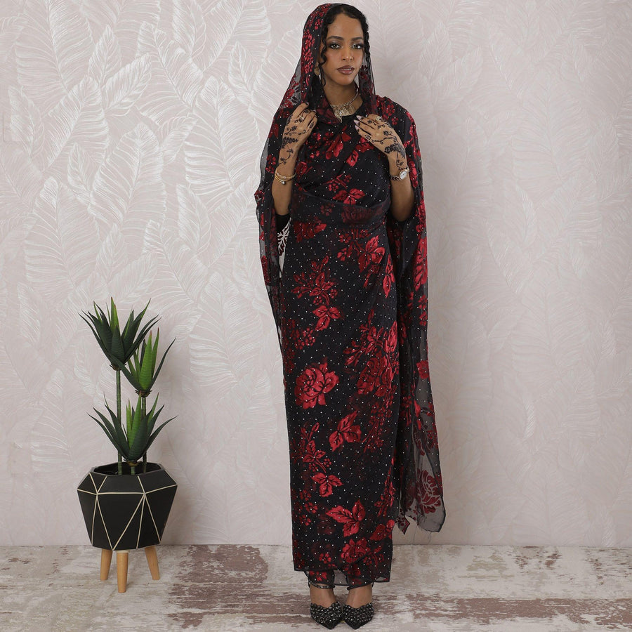 ثوب شيفون من الحرير الخالص باللون الأسود مع جاكار أحمر قرمزي مزين بالأحجار بتصميم الأزهار-D16219
