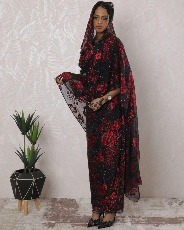 Black premium pure silk chiffon thobe with crimson red jacquard having stone work in floral design-D16219