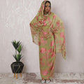 Olive green premium pure silk chiffon thobe with hot pink jacquard having stone work in floral design-D16221