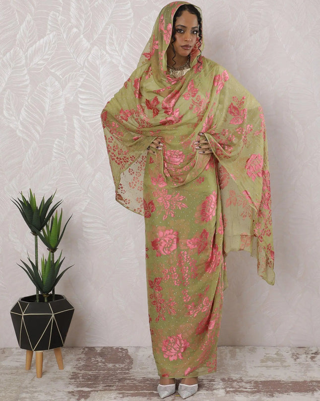 Olive green premium pure silk chiffon thobe with hot pink jacquard having stone work in floral design-D16221 Regal Fabrics