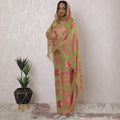 Olive green premium pure silk chiffon thobe with hot pink jacquard having stone work in floral design-D16221