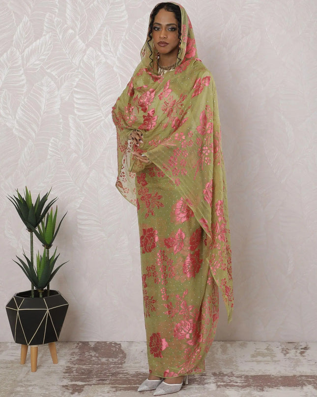 Olive green premium pure silk chiffon thobe with hot pink jacquard having stone work in floral design-D16221 Regal Fabrics