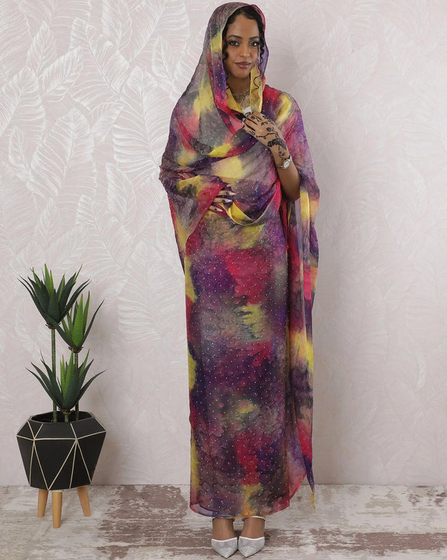 Multicolor printed Premium pure silk chiffon thobe having stone work in abstract design-D16224 Regal Fabrics