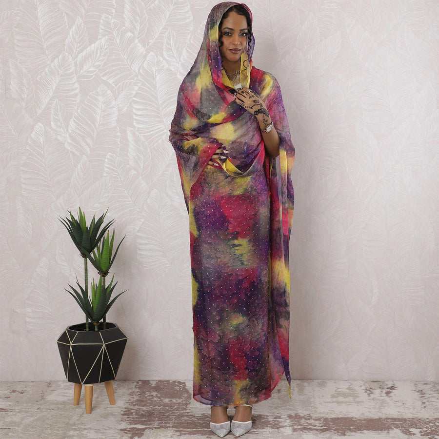 ثوب من الشيفون الحريري الخالص المطبوع متعدد الألوان مع أعمال حجرية بتصميم تجريدي-D16224