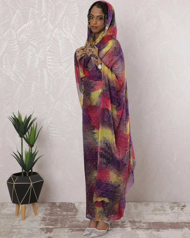 Multicolor printed Premium pure silk chiffon thobe having stone work in abstract design-D16224 Regal Fabrics