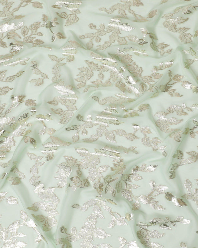 قماش شيفون من الحرير الخالص الفاخر باللون الأخضر مع لوريكس معدني ذهبي بتصميم أوراق الشجر -D16254