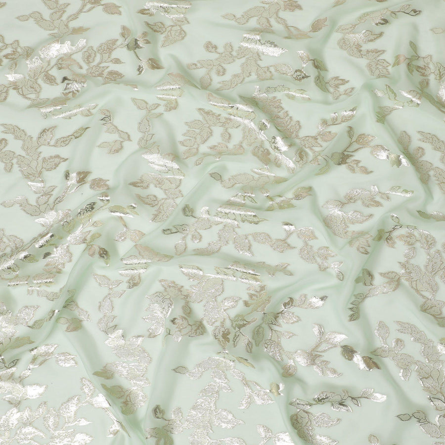 قماش شيفون من الحرير الخالص الفاخر باللون الأخضر مع لوريكس معدني ذهبي بتصميم أوراق الشجر -D16254