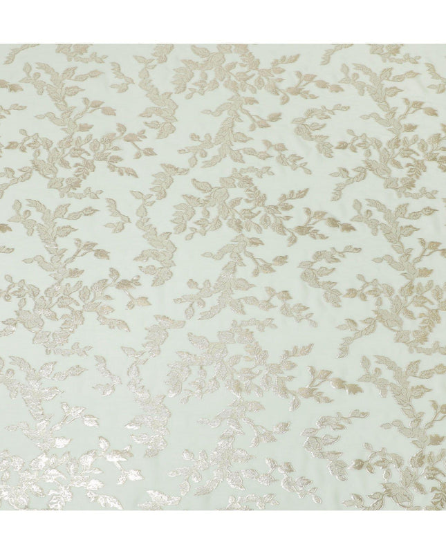 قماش شيفون من الحرير الخالص الفاخر باللون الأخضر مع لوريكس معدني ذهبي بتصميم أوراق الشجر -D16254