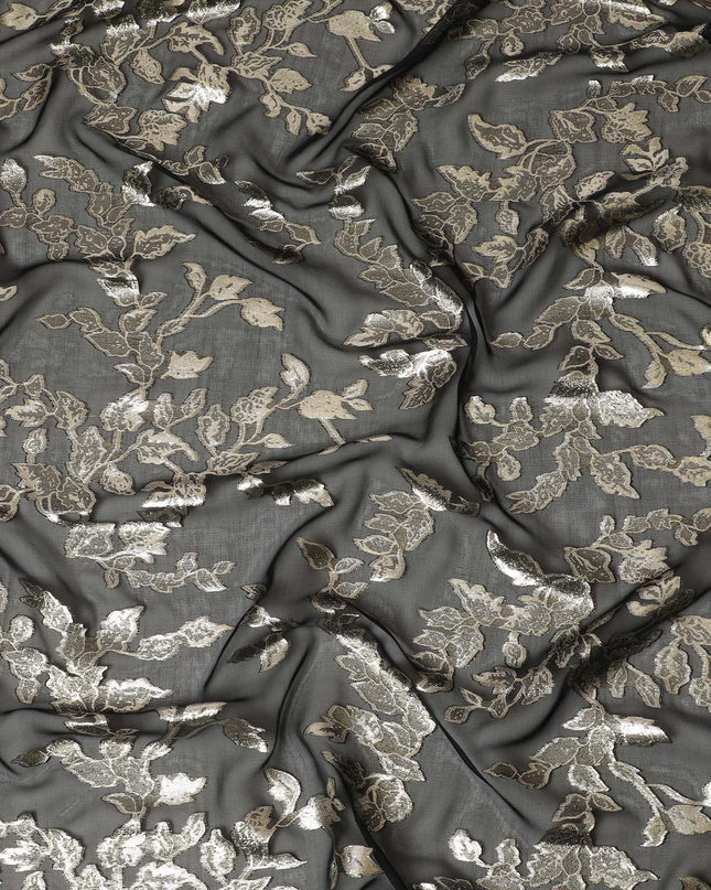 قماش شيفون من الحرير الخالص باللون الأسود مع لوريكس معدني ذهبي بتصميم Leaf-D16255