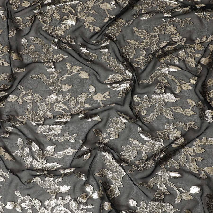 قماش شيفون من الحرير الخالص باللون الأسود مع لوريكس معدني ذهبي بتصميم Leaf-D16255
