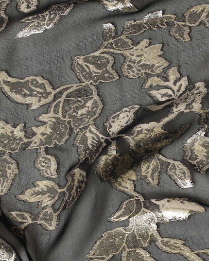 قماش شيفون من الحرير الخالص باللون الأسود مع لوريكس معدني ذهبي بتصميم Leaf-D16255
