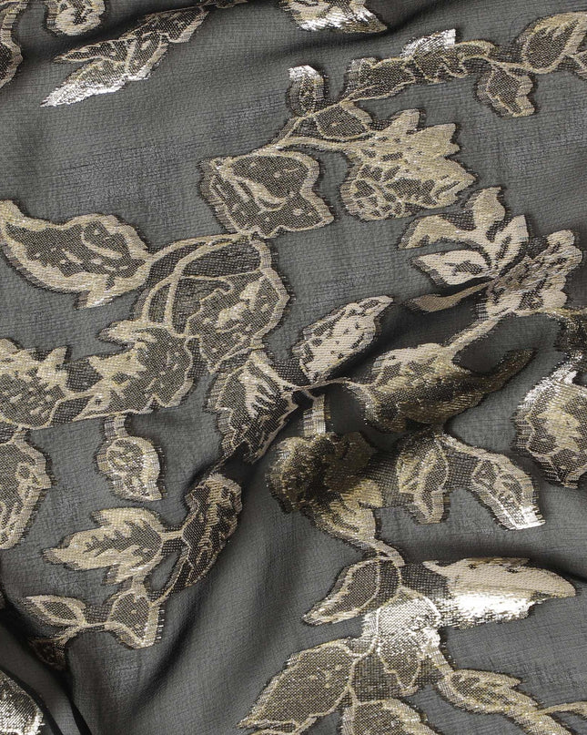قماش شيفون من الحرير الخالص باللون الأسود مع لوريكس معدني ذهبي بتصميم Leaf-D16255