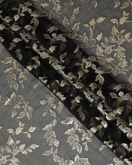 قماش شيفون من الحرير الخالص باللون الأسود مع لوريكس معدني ذهبي بتصميم Leaf-D16255