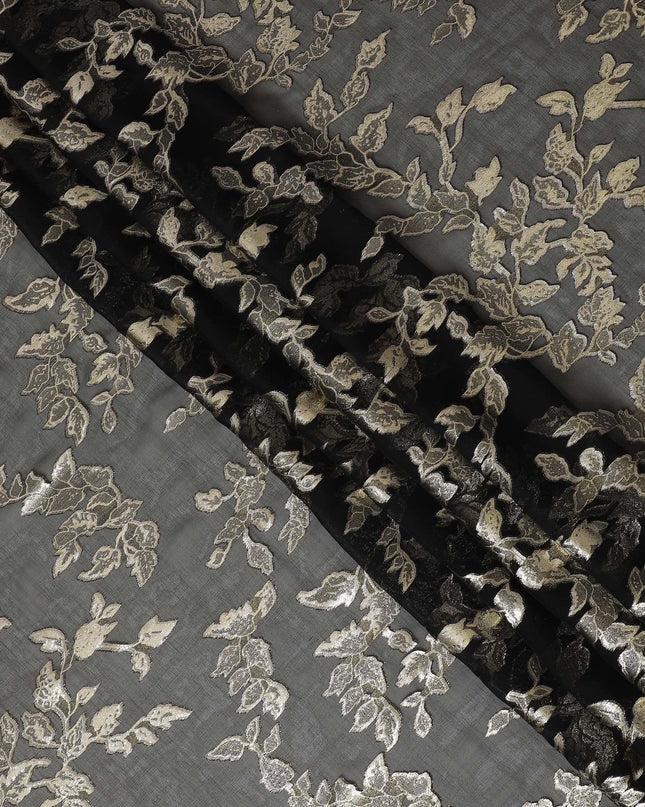 قماش شيفون من الحرير الخالص باللون الأسود مع لوريكس معدني ذهبي بتصميم Leaf-D16255