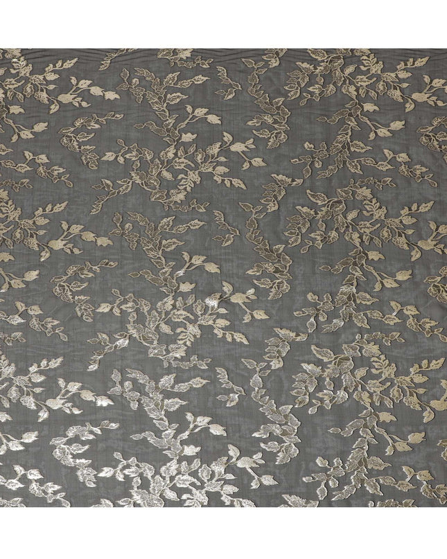 قماش شيفون من الحرير الخالص باللون الأسود مع لوريكس معدني ذهبي بتصميم Leaf-D16255