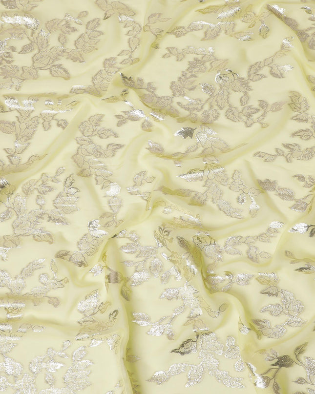 قماش شيفون من الحرير الخالص باللون الأصفر مع لوريكس معدني ذهبي بتصميم Leaf-D16256