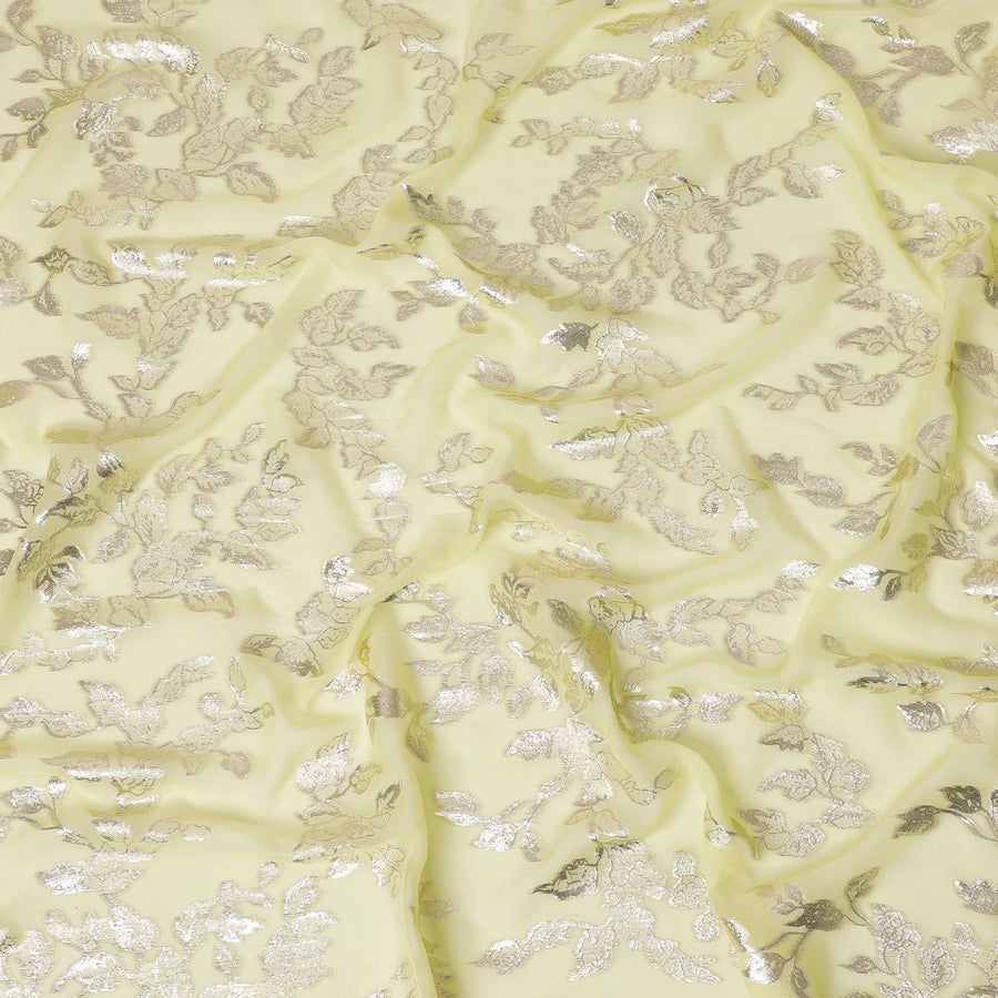Yellow premium pure silk chiffon fabric with gold metallic lurex in Leaf design-D16256