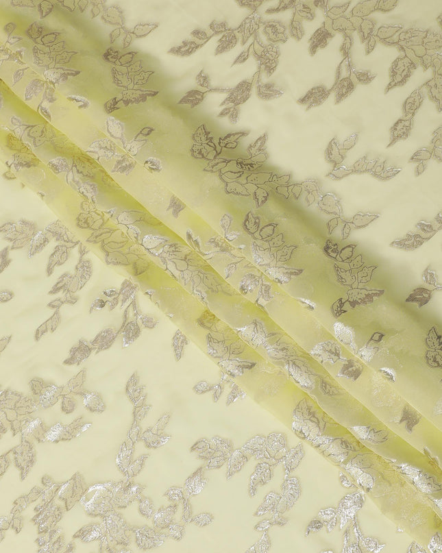قماش شيفون من الحرير الخالص باللون الأصفر مع لوريكس معدني ذهبي بتصميم Leaf-D16256
