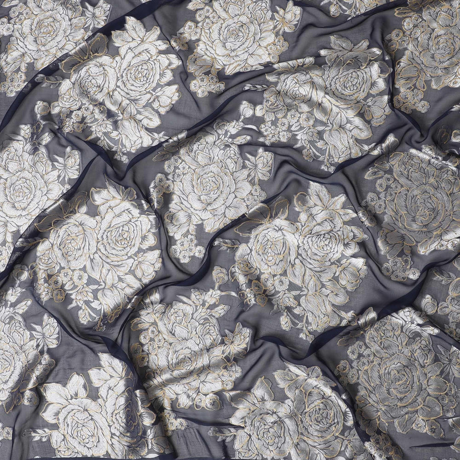 Navy blue premium pure silk chiffon fabric with grey viscose and gold foil print in floral design-D16258