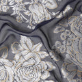 Navy blue premium pure silk chiffon fabric with grey viscose and gold foil print in floral design-D16258