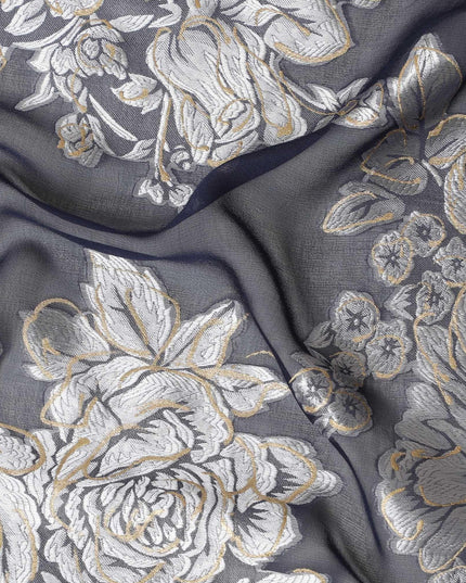 Navy blue premium pure silk chiffon fabric with grey viscose and gold foil print in floral design-D16258