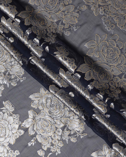 Navy blue premium pure silk chiffon fabric with grey viscose and gold foil print in floral design-D16258