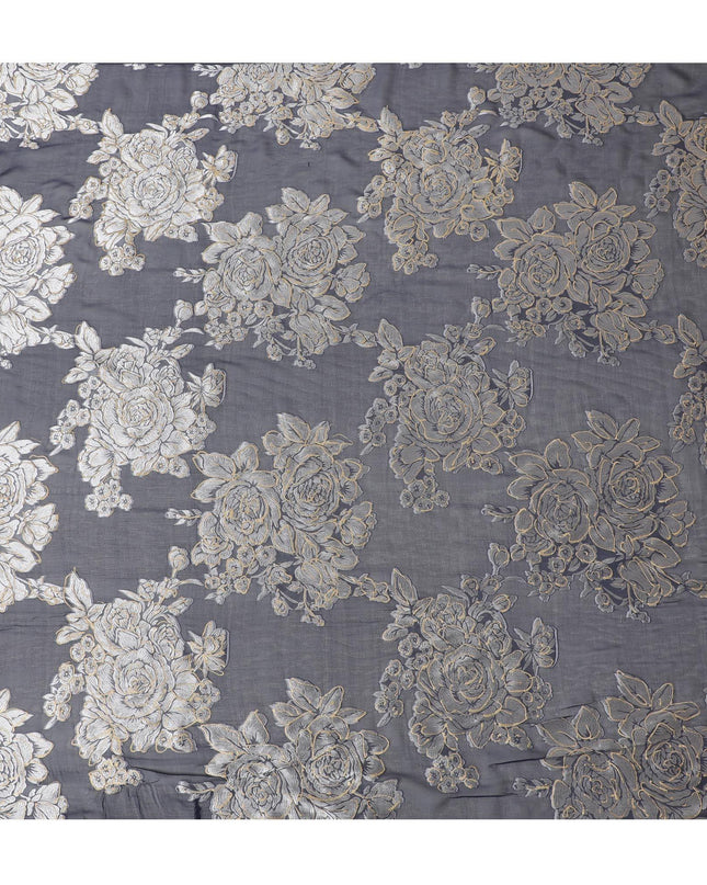 قماش شيفون حريري نقي فاخر باللون الأزرق الداكن مع طباعة فيسكوز رمادي ورقائق ذهبية بتصميم زهور-D16258