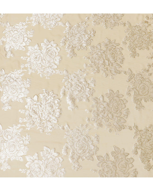 Beige premium pure silk chiffon fabric with grey viscose and gold foil print in floral design-D16260