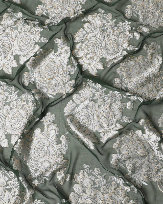 قماش شيفون من الحرير الخالص الفاخر باللون الأخضر الغابة مع طباعة فيسكوز رمادي وذهبي بتصميم زهور-D16261