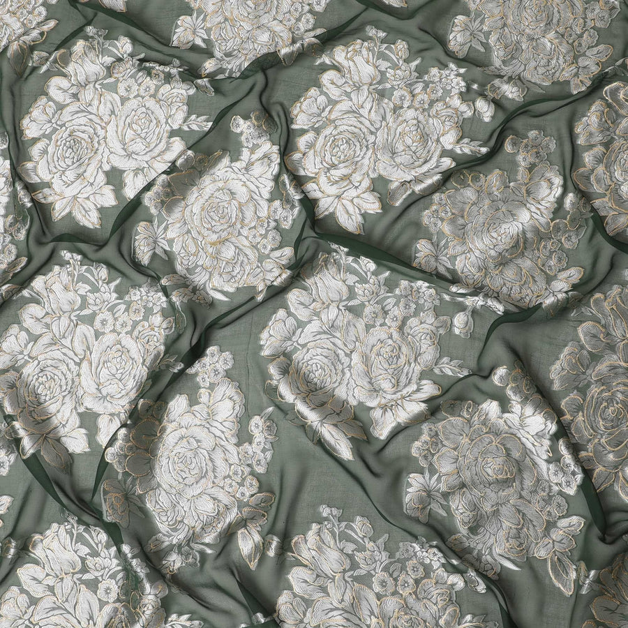 قماش شيفون من الحرير الخالص الفاخر باللون الأخضر الغابة مع طباعة فيسكوز رمادي وذهبي بتصميم زهور-D16261