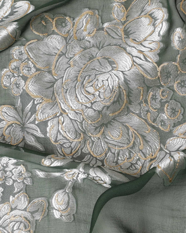 قماش شيفون من الحرير الخالص الفاخر باللون الأخضر الغابة مع طباعة فيسكوز رمادي وذهبي بتصميم زهور-D16261