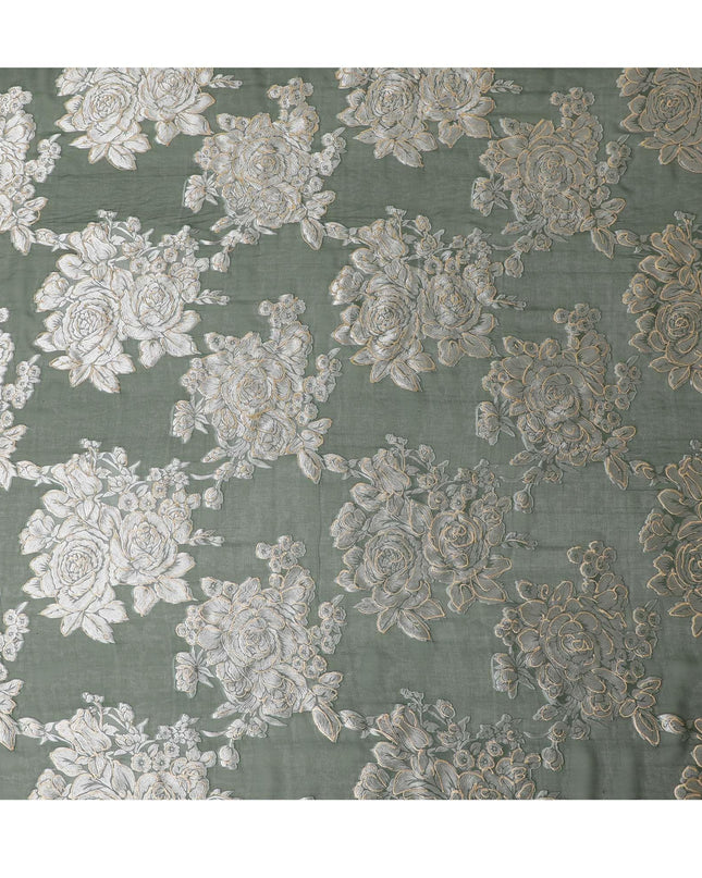 قماش شيفون من الحرير الخالص الفاخر باللون الأخضر الغابة مع طباعة فيسكوز رمادي وذهبي بتصميم زهور-D16261