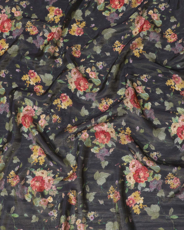 Navy blue viscose fabric with multicolor print having metallic finish in floral design-D16266 Regal Fabrics