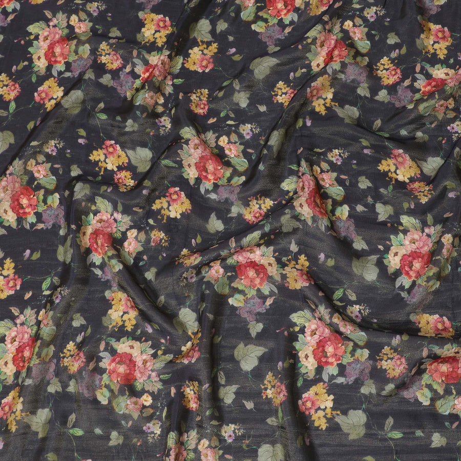 قماش فيسكوز باللون الأزرق الداكن مع طباعة متعددة الألوان ذات تشطيب معدني بتصميم الأزهار-D16266