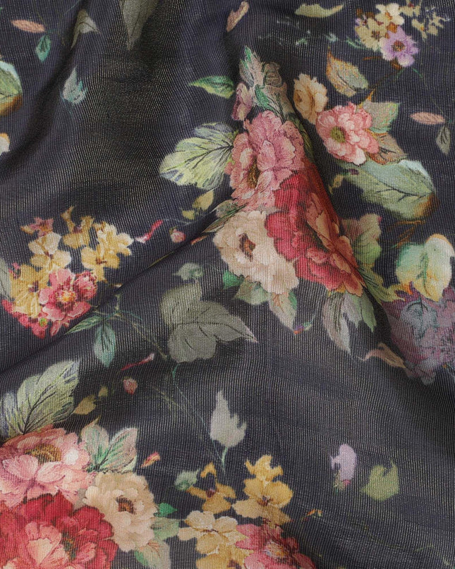 Navy blue viscose fabric with multicolor print having metallic finish in floral design-D16266 Regal Fabrics